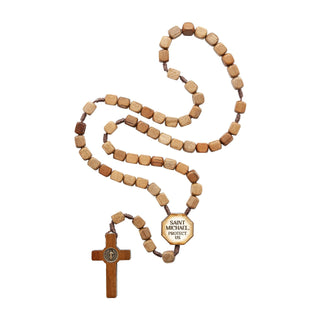 St. Michael Light Wood Rosary with Square Beads
