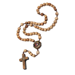 St. Michael Light Wood Rosary with square beads