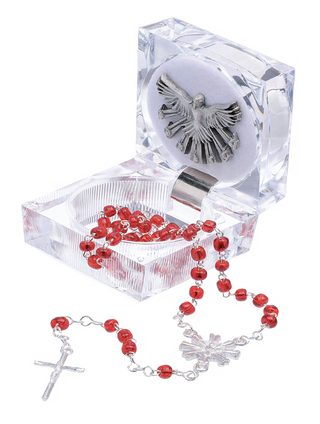 Confirmation Keepsake Box with Red Seed Bead Rosary