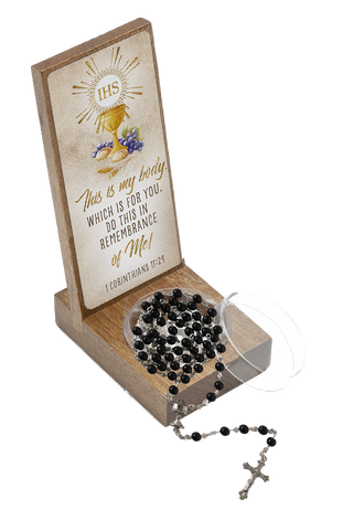 First Communion Light Wood Keepsake with Black Rosary