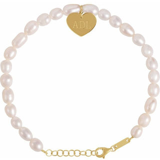 14K Yellow Cultured White Freshwater Pearl & Heart 7-8" Bracelet