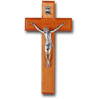 10" Cherry Wood Cross With Antique Silver Corpus