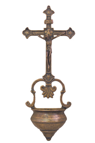 Crucifixion Font in Antique Brass 14"