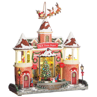 14.25-Inch Lighted Musical Train Depot, Rotating Santa & Train