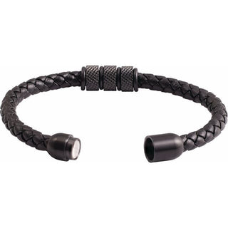 Black PVD Stainless Steel 6 mm Braided Leather 9" Bracelet