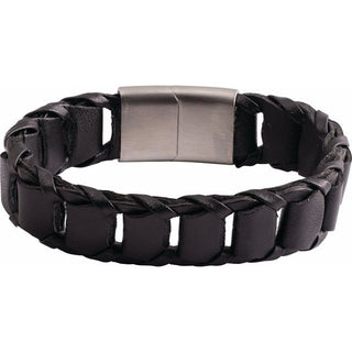 Stainless Steel 17 mm Black Leather 9" Bracelet