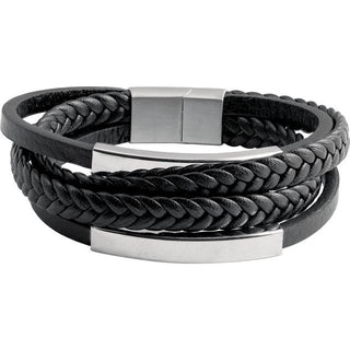 Stainless Steel 11 mm Black Leather Multi-Strand 8" Bracelet