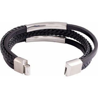 Stainless Steel 11 mm Black Leather Multi-Strand 8" Bracelet