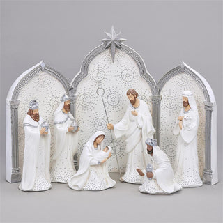 11.5-Inch 9-Piece Set Nativity Silver Dot With Triptych Backdrop