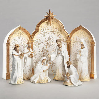 11.5-Inch 9-Piece St Nativity Gold Dot Ivory With Triptych Backdrop