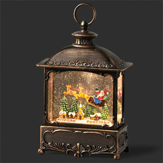10-Inch Lighted Swirl Lantern Santa Over Town - Bronze