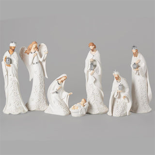 12-Inch 7-Piece St Nativity White W/ Pearl Leaf Pattern