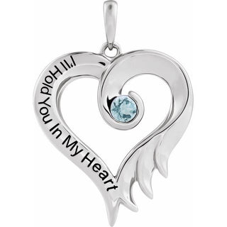 14K White Natural Aquamarine & Engraved I'll Hold You In My Heart Pendant