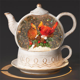 8-Inch Lighted Swirl Teapot Cardinal With Holly And Pine