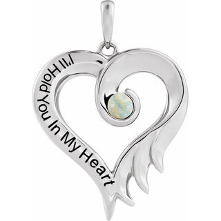 Sterling Silver Lab-Grown White Opal & Engraved I'll Hold You In My Heart Pendant