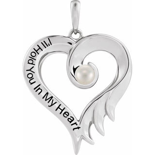 14K White Cultured White Freshwater Pearl & Engraved I'll Hold You In My Heart Pendant