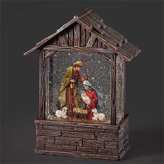 8.25-Inch Lighted Swirl Stable With Holy Family - Wood