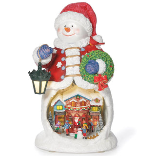 13-Inch Lighted Musical Snowman Rotating Scene - Red Coat
