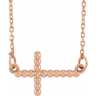 14K Rose 15.6x9.4 mm Sideways Beaded Cross 16.5" Necklace