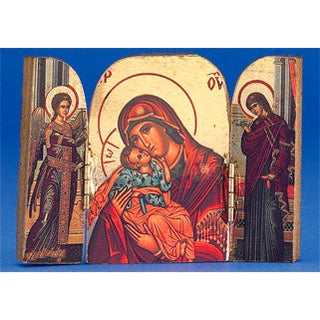 Greek Icon - Triptych- Virgin Doctress With Angels Hand-Carved