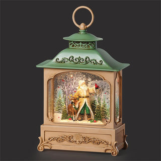 12-Inch Lighted Swirl Lantern Green Roof - Santa And Deer