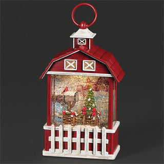 9.75-Inch Lighted Swirl Barn With Fence, Cardinal Scene