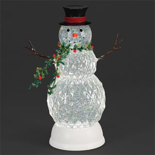 11-Inch Lighted Swirl Snowman With Holly Scarf - Faceted