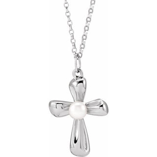Sterling Silver Cultured White Freshwater Pearl Cross 16-18" Necklace