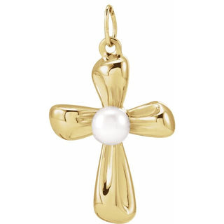 14K Yellow Cultured White Freshwater Pearl Cross Pendant