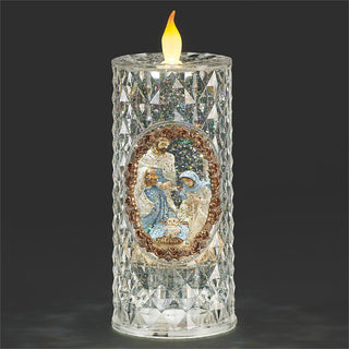 8.75-Inch Lighted Swirl Candle Holy Family - Blue Champagne