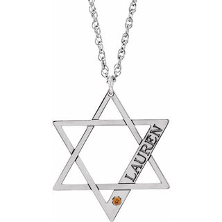 Rhodium-Plated Sterling Silver Personalized Imitation Citrine Star of David 16" Necklace