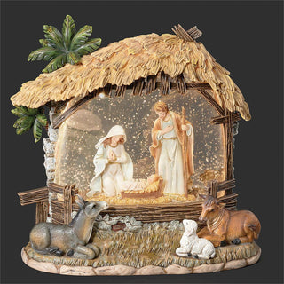 8-Inch Lighted Swirl Holy Family Stable With Animals On Outside