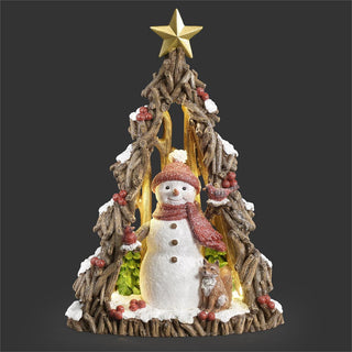 11-Inch Lighted Tree Red Snowman With Fox Cutout