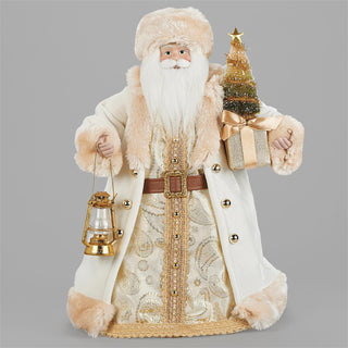 18-Inch Ivory & Gold Santa With Tree & Lantern Treetopper