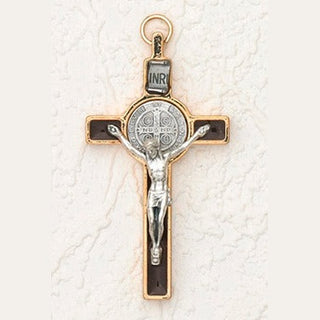 3 inch St Benedict Crucifix: Brown / Gold with Silver Corpus