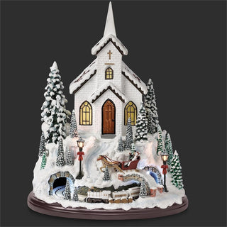 14-Inch Lighted Musical Church Snowy Mountain With Rotating Train
