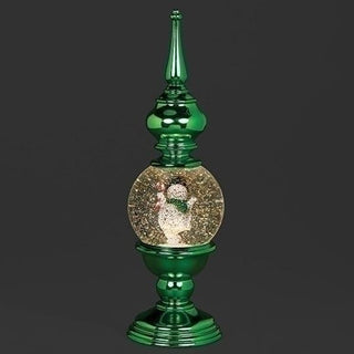 16-Inch Lighted Swirl Finial Green With Rotating Snowman