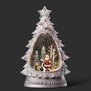 12-Inch Lighted Swirl White Tree With Santa Scene