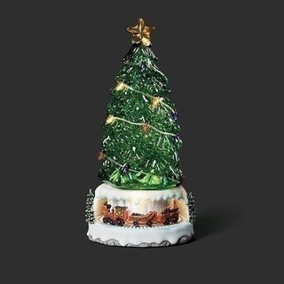 13-Inch Lighted Swirl Green Tree With Rotating Train Base