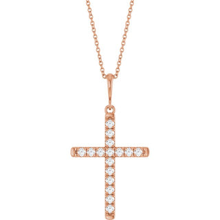 14K Rose 3/8 CTW Lab-Grown Diamond French-Set Cross 16-18" Necklace