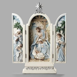 12-Inch Triptic Nativity Blue Leaf Pattern