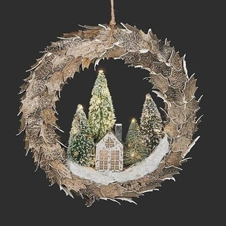 18-Inch Lighted Birch Wreath House & Trees