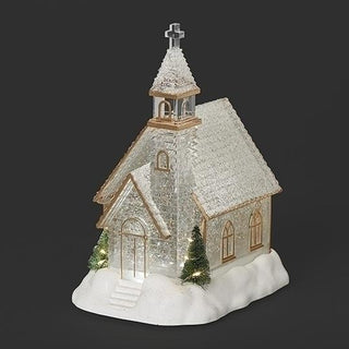 10.25-Inch Lighted Church With Trees Swirl
