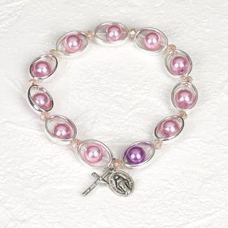 4-pack - Pink Faux Pearl and Silver tone Oval Rosary Stretch Bracelet