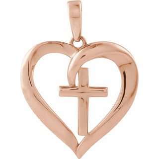 14K Rose Cross & Heart Pendant