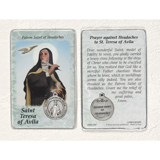 Bulk St. Teresa of Avila Prayer Card with Medals - Healing Saint for Headaches