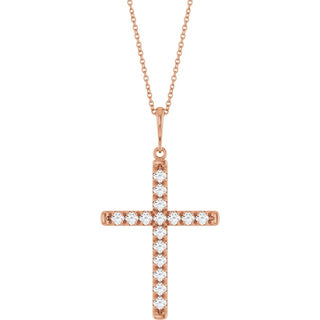 14K Rose 3/4 CTW Lab-Grown Diamond French-Set Cross 16-18" Necklace