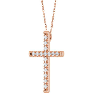 14K Rose 1 CTW Lab-Grown Diamond French-Set Cross 16-18" Necklace