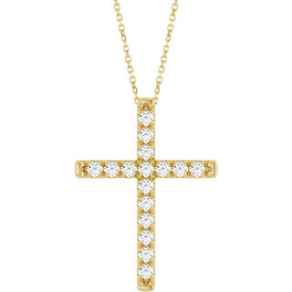 14K Yellow 1 CTW Lab-Grown Diamond French-Set Cross 16-18" Necklace