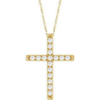 14K Yellow 3/4 CTW Lab-Grown Diamond French-Set Cross 16-18" Necklace
